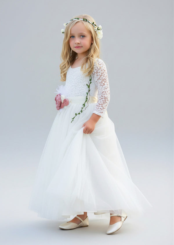 Ivory Tulle & Lace Flower Girl Dress Lace V‑Back & Tulle