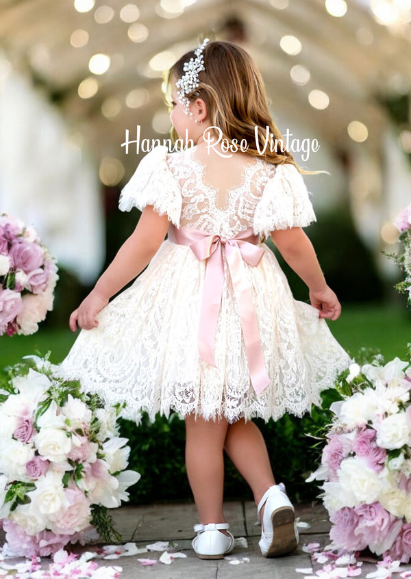 Knee Length Ivory Lace Fairytale Flower Girl Special Occasion Dress