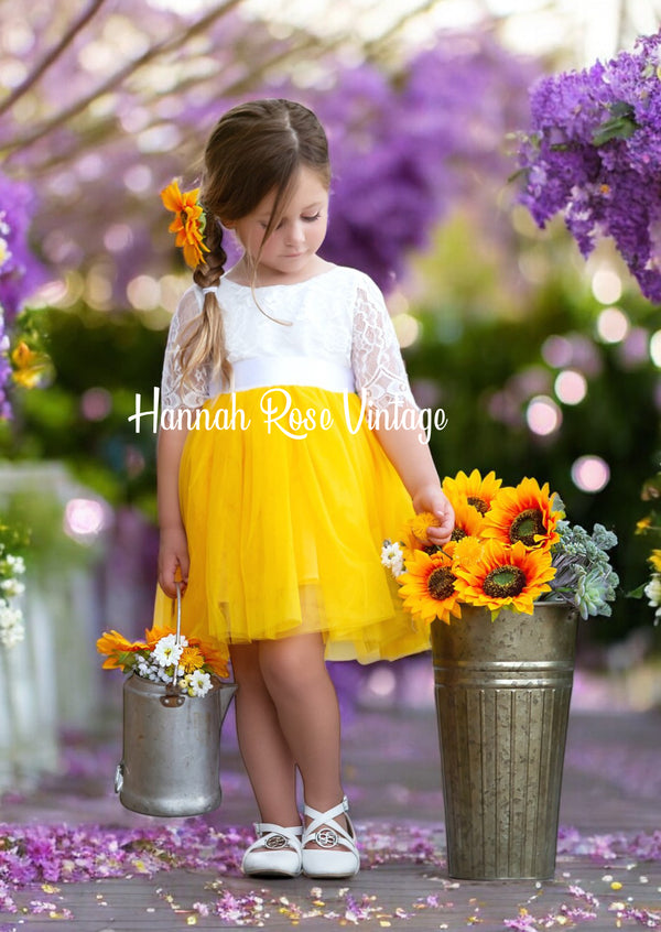 Charming Mustard Yellow Sunflower Flower Girl Dress 5Year