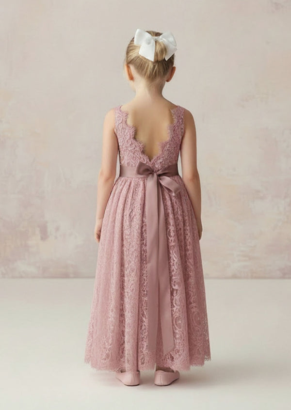 Elizabeth Sleeveless Dusty Pink Lace Flower Girl Dress