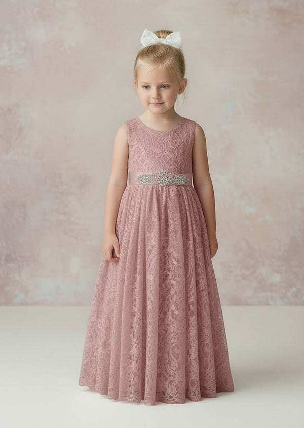 Elizabeth Sleeveless Dusty Pink Lace Flower Girl Dress