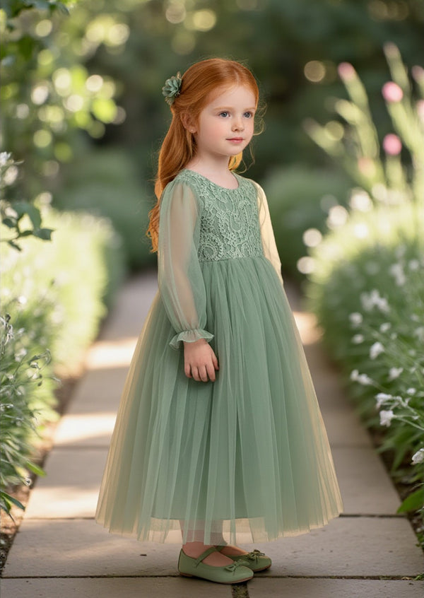 Sage Lace Flower Girl Gown Sheer Sleeves & V‑Back