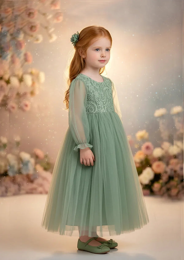 Sheer Sleeve Lace with Tulle Gown in Sage