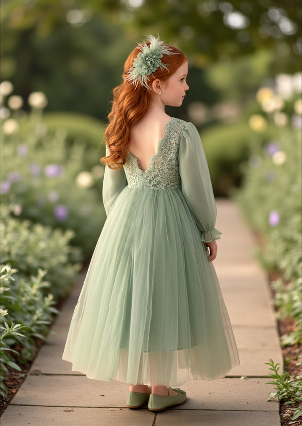 Sage Lace Flower Girl Gown Sheer Sleeves & V‑Back