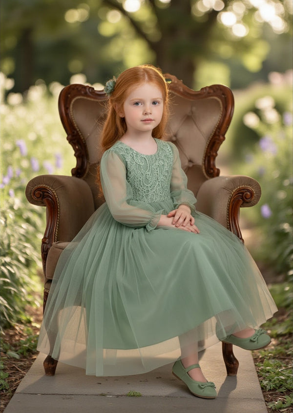 Sage Lace Flower Girl Gown Sheer Sleeves & V‑Back