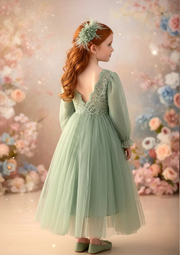 Sheer Sleeve Lace with Tulle Gown in Sage