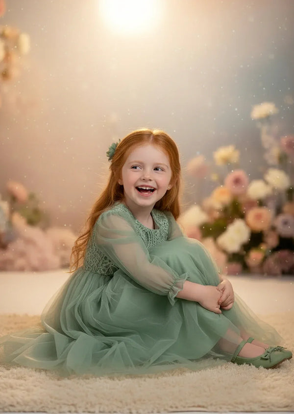 Sheer Sleeve Lace with Tulle Gown in Sage