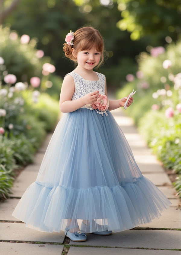 Dusty Blue Flower Girl Gown Lace Back & Tulle