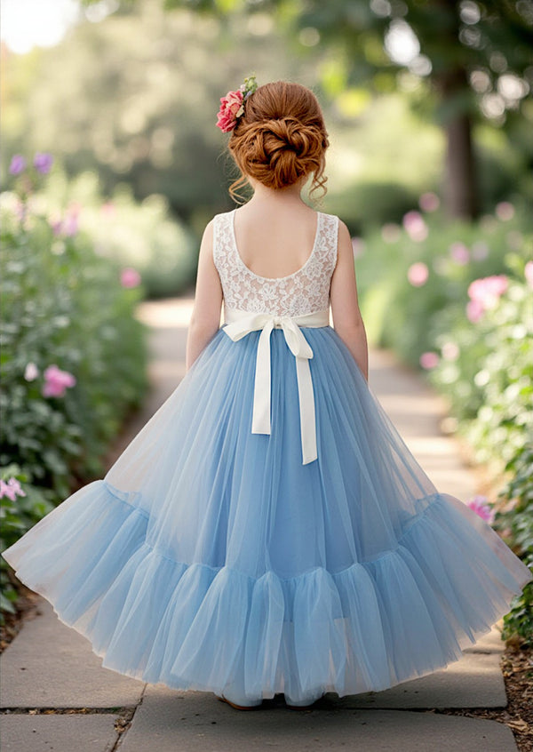 Dusty Blue Flower Girl Gown Lace Back & Tulle
