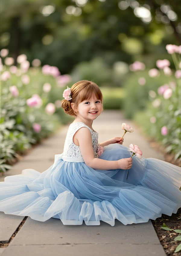 Dusty Blue Flower Girl Gown Lace Back & Tulle