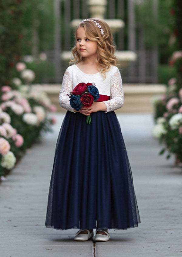 Navy Flower Girl Gown  White Lace & Tulle
