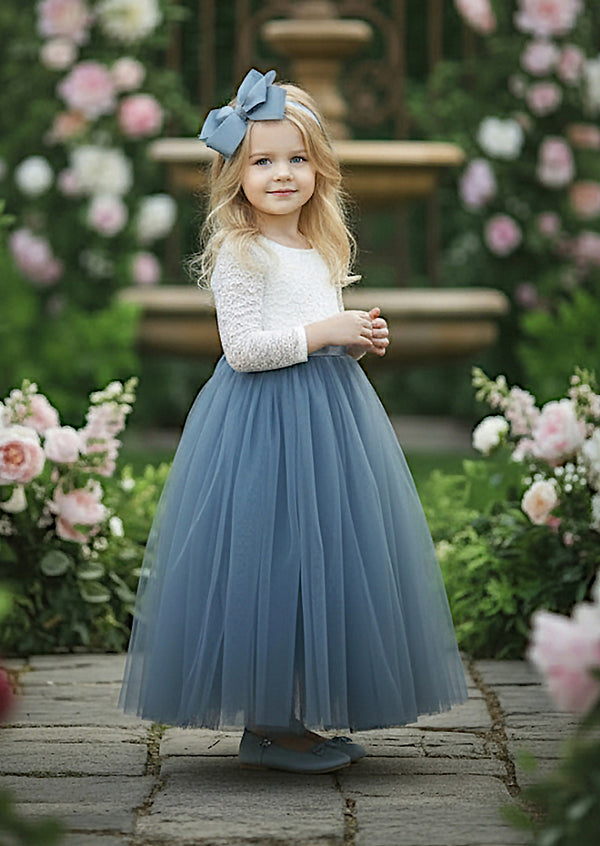 Blue Lace Flower Girl Dress Feathered Back & Tulle