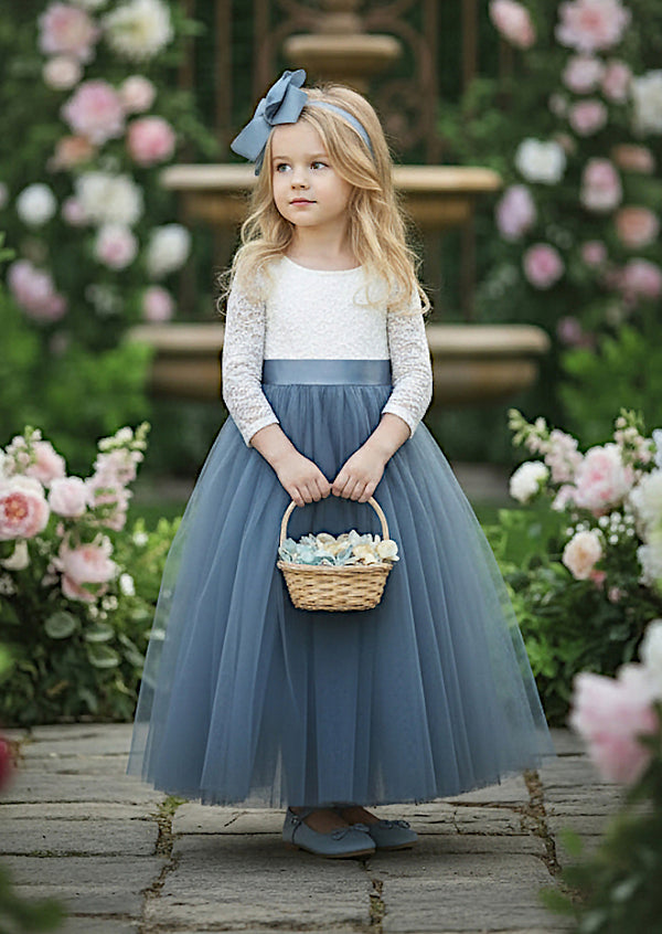 Blue Lace Flower Girl Dress Feathered Back & Tulle