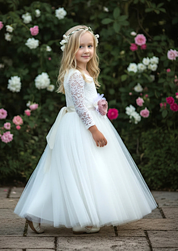 Ivory Tulle & Lace Flower Girl Dress  Lace V‑Back & Tulle