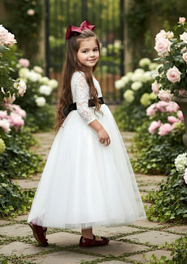 White Lace Flower Girl Dress Feathered Open Back