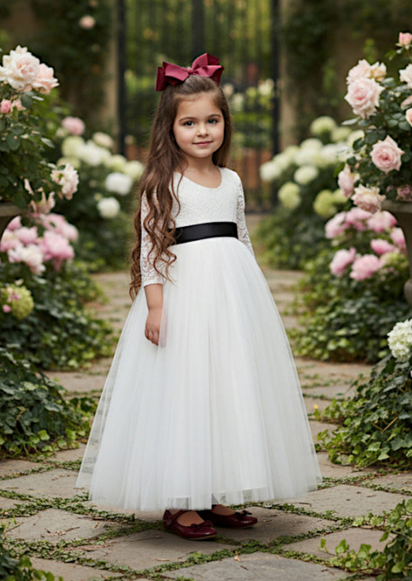 white lace flower girl dress with black sash
