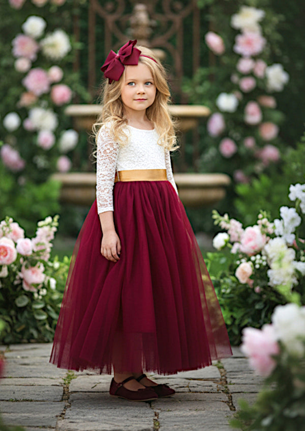 baby flower girl dress in Burgundy Tulle Flower Girl Dress  Lace Open Back