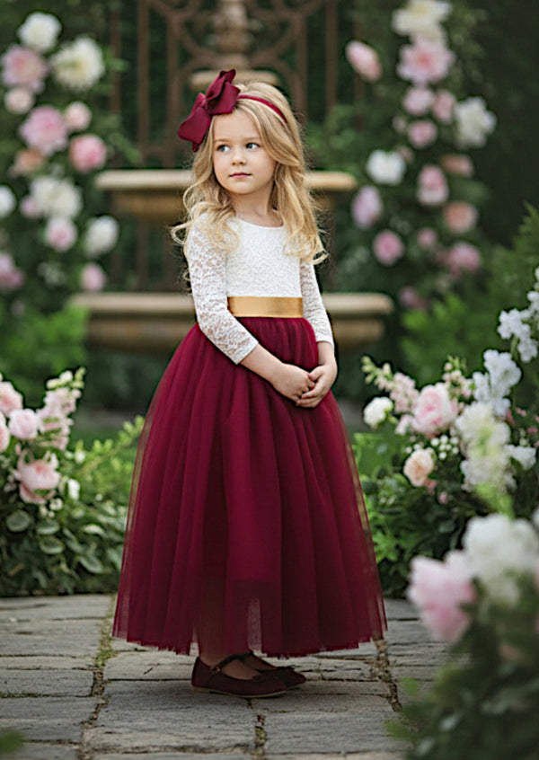 Burgundy Tulle Flower Girl Dress  Lace Open Back