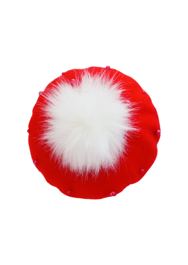 Baby Toddler Beaded Pom Pom Beret in Red