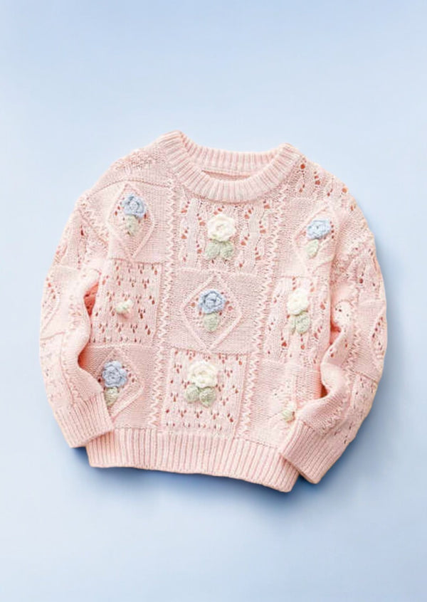 Hand Knit Girls Flower Pullover Sweater
