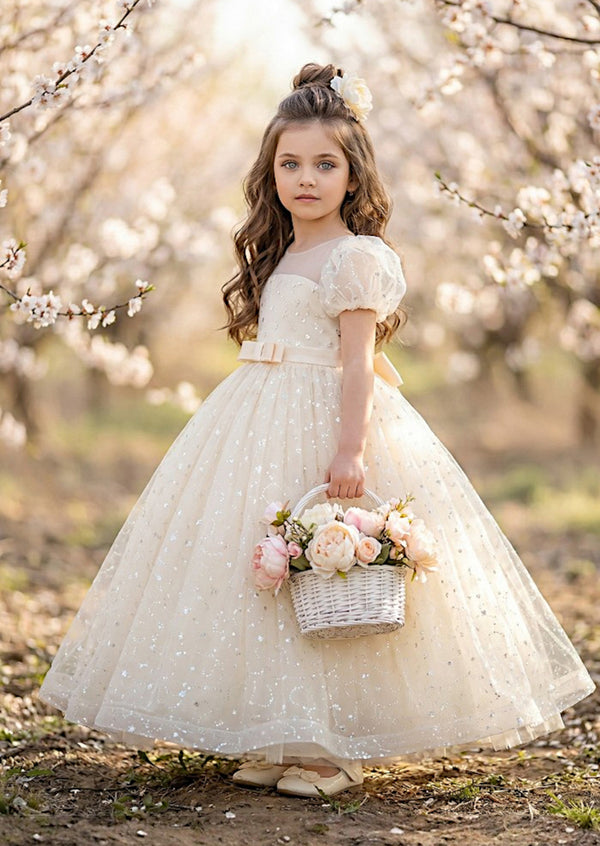 Ivory Sequin Puff Sleeve Gown – Elegant Flower Girl Dress
