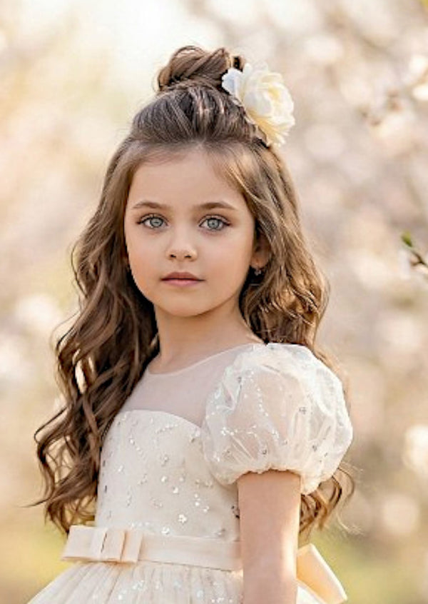 Ivory Sequin Puff Sleeve Gown – Elegant Flower Girl Dress