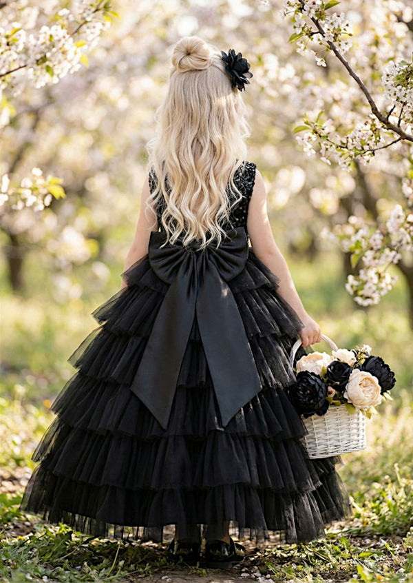 Black Sparkle Tiered Flower Girl Dress | Elegant Bow Back Gown
