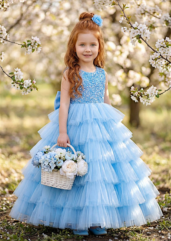 Blue Sparkle Tiered Flower Girl Dress | Whimsical Bow Back Gown
