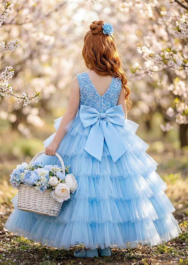 Blue Sparkle Tiered Flower Girl Dress | Whimsical Bow Back Gown