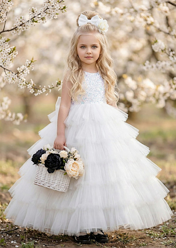 White Sparkle Tiered Flower Girl Dress | Classic Bow Back Gown