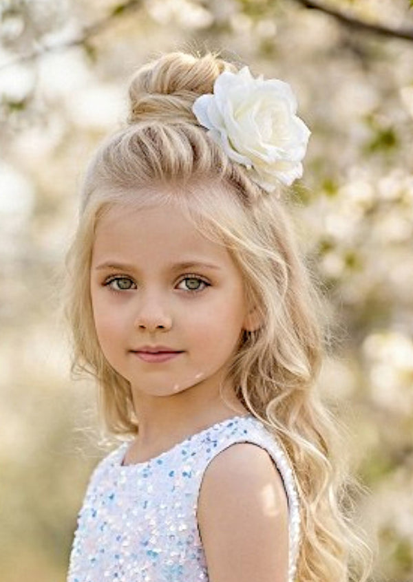 White Sparkle Tiered Flower Girl Dress | Classic Bow Back Gown