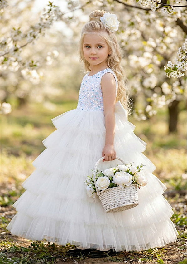 White Sparkle Tiered Flower Girl Dress | Classic Bow Back Gown