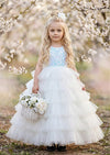 White Sparkle Tiered Flower Girl Dress | Classic Bow Back Gown