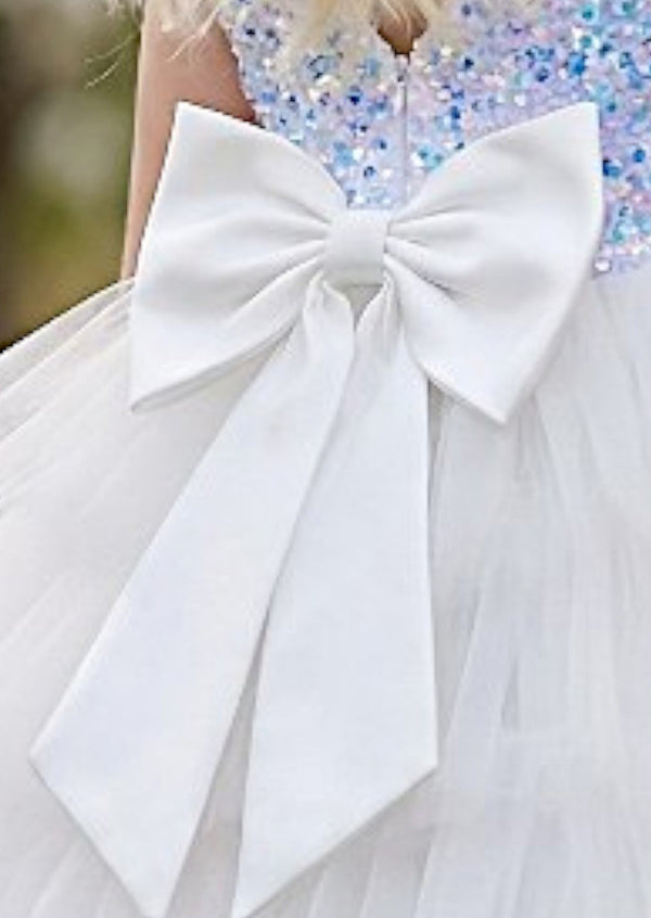 White Sparkle Tiered Flower Girl Dress | Classic Bow Back Gown