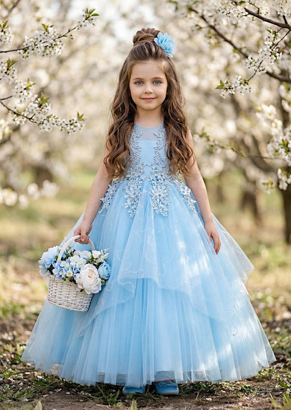 Blue Floral Embroidered Flower Girl Dress | Sparkle Tulle Gown
