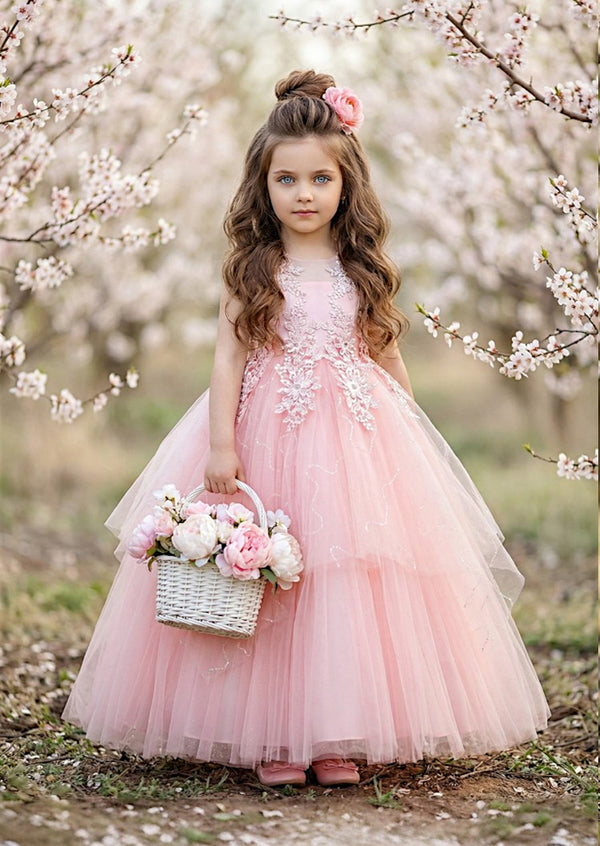Pink Floral Embroidered Flower Girl Dress | Sparkle Tulle Gown