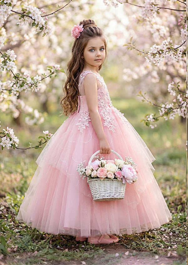 Pink Floral Embroidered Flower Girl Dress | Sparkle Tulle Gown