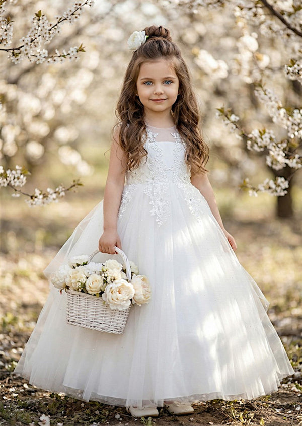 White Floral Embroidered Flower Girl Dress | Elegant Sparkle Gown