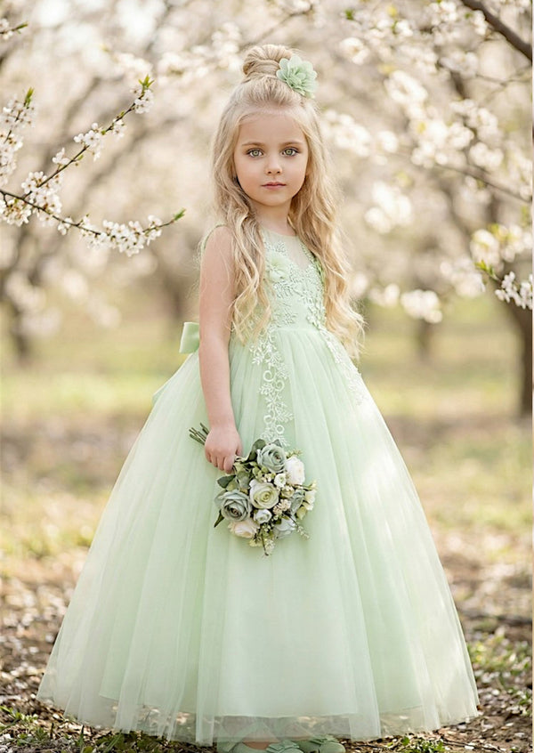 Mint Lace Flower Girl Dress | Light Tulle Ball Gown