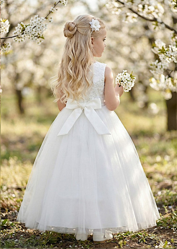 White Lace Flower Girl Dress | Classic Tulle Ball Gown