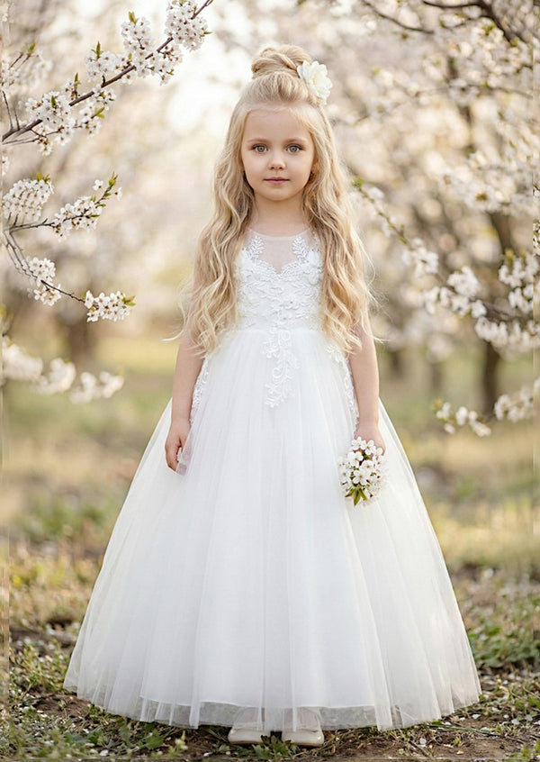 White Lace Flower Girl Dress | Classic Tulle Ball Gown