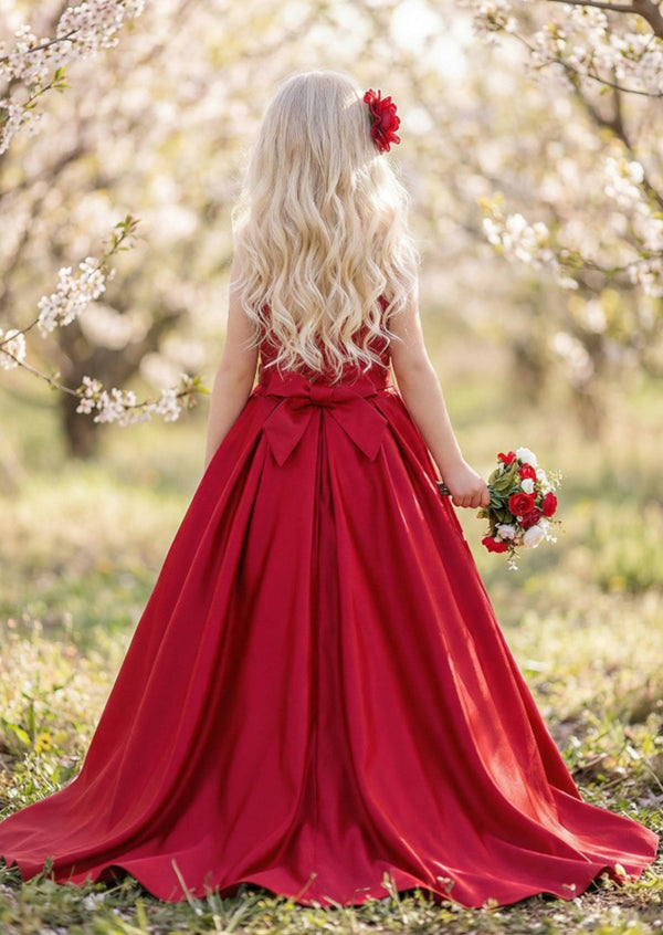 Red One‑Shoulder Flower Girl Dress  Elegant Tulle Gown