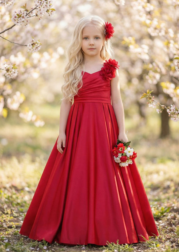 Red One‑Shoulder Flower Girl Dress  Elegant Tulle Gown