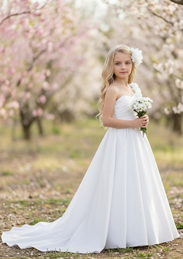 White One‑Shoulder Flower Girl Dress  Classic Tulle Gown
