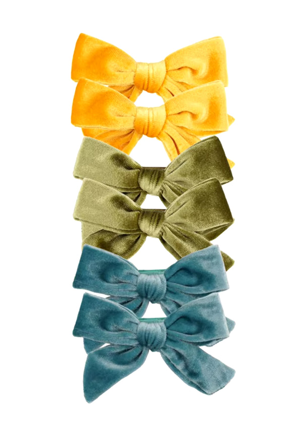 Velvet Pigtail Bow 2Pc Set Yellow Olive Blue