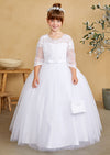 White flower girl communion dress with Illusion Neckline and Lace Applique on Bodice.
