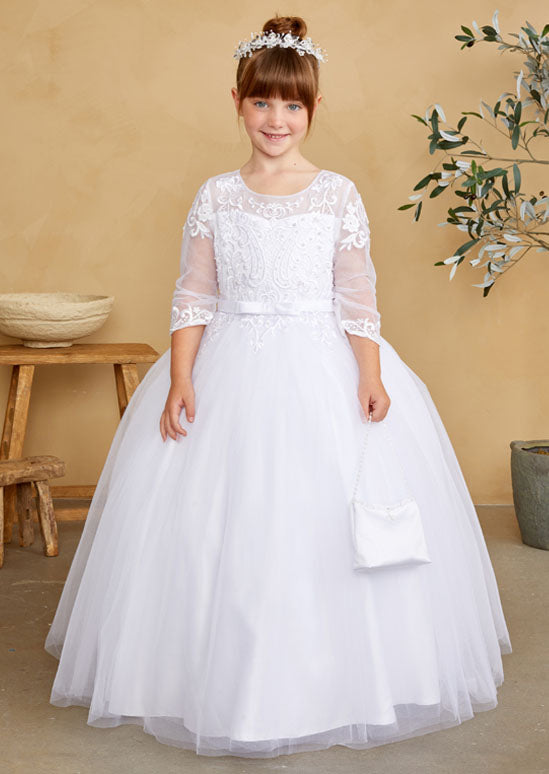 White flower girl communion dress with Illusion Neckline and Lace Applique on Bodice.