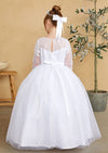 White flower girl communion dress with Illusion Neckline and Lace Applique on Bodice.