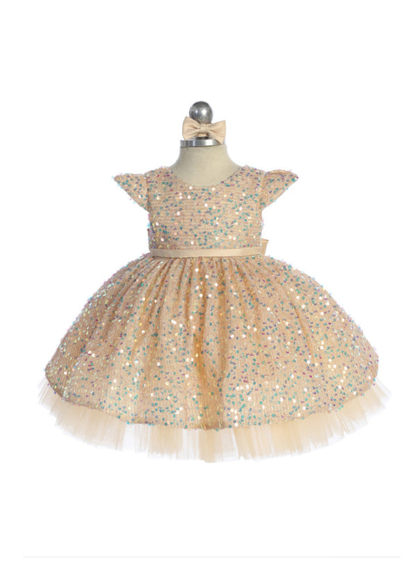 Gold Sequin Baby Dress  Tulle Skirt & Satin Waist Ribbon
