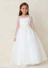 Girls Long Sleeve White Flower Girl Gown with Beading on Bodice and Sleeve with Full Length Tulle Skirt